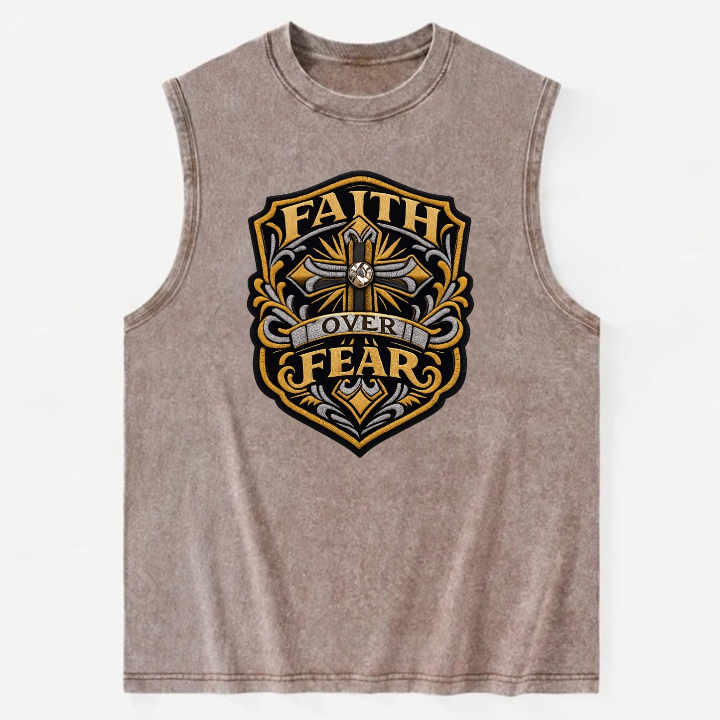 FAITH OVER FEAR - cross with text in gold , spiritual strength - Vintage Washed Tank - Brown