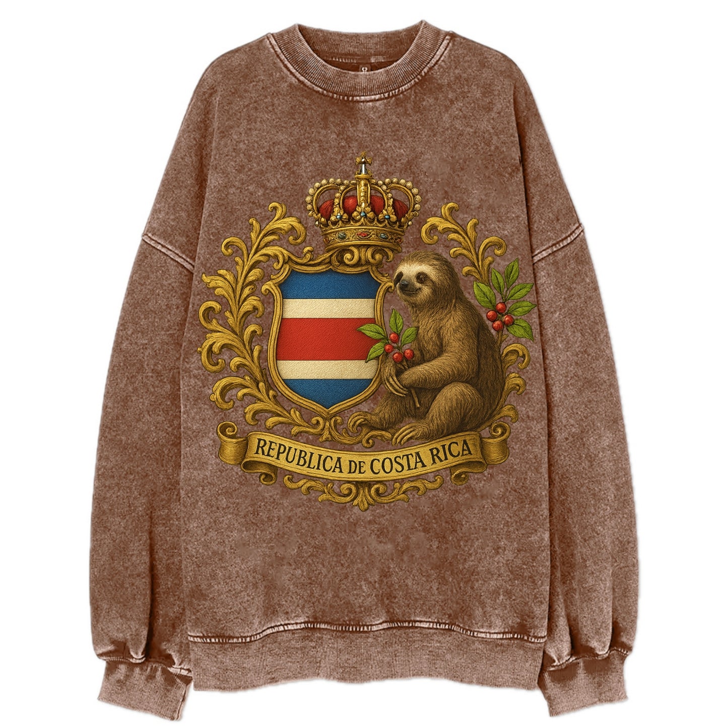 Costa Rica Sloth Emblem  - Vintage Sweatshirt - Brown