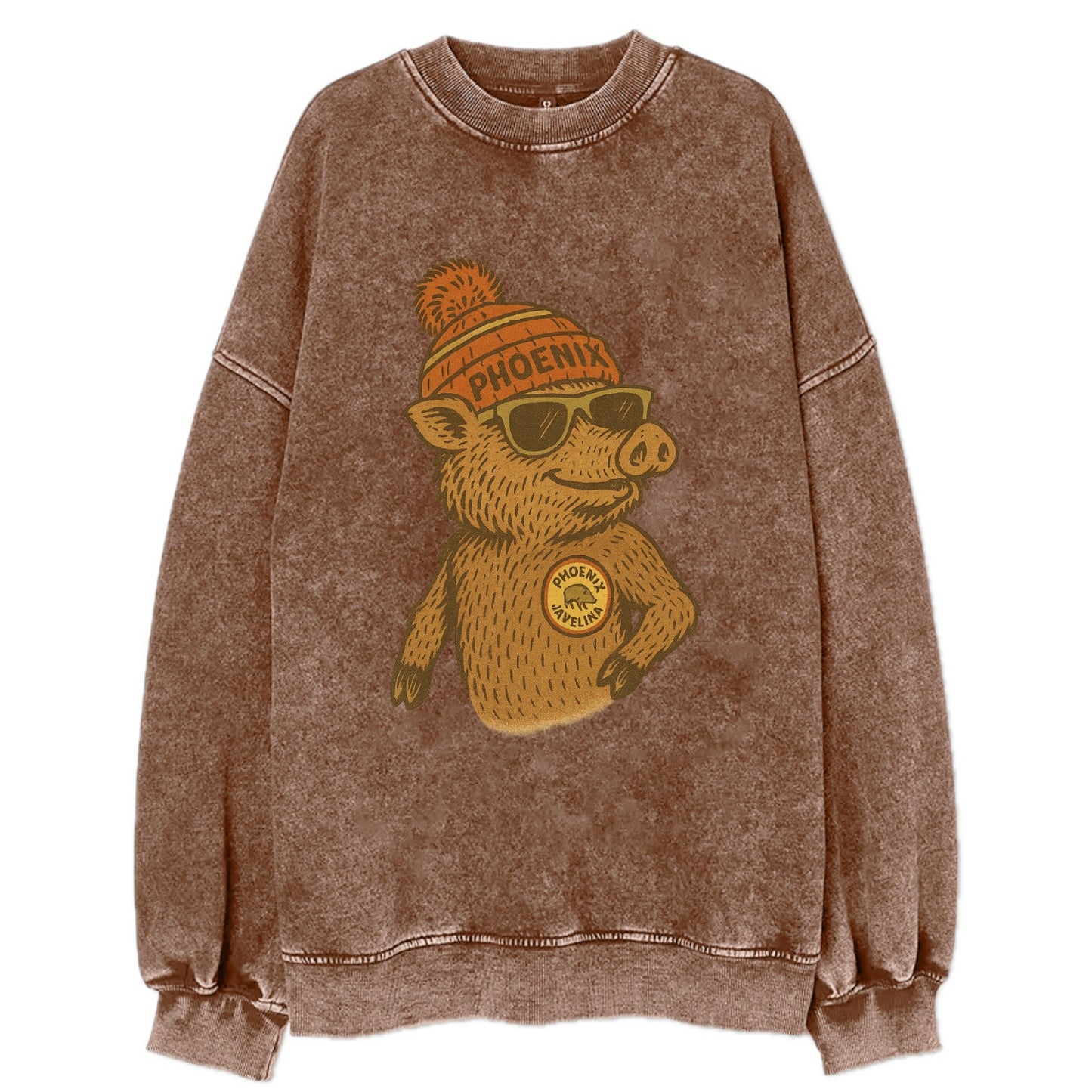 Phoenix Javelina wearing Phoenix beanie with pom pom and wayfarer sunglasses - Vintage Sweatshirt - Brown