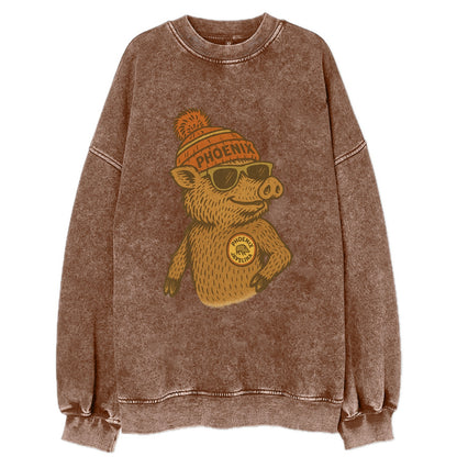 Phoenix Javelina wearing Phoenix beanie with pom pom and wayfarer sunglasses - Vintage Sweatshirt - Brown