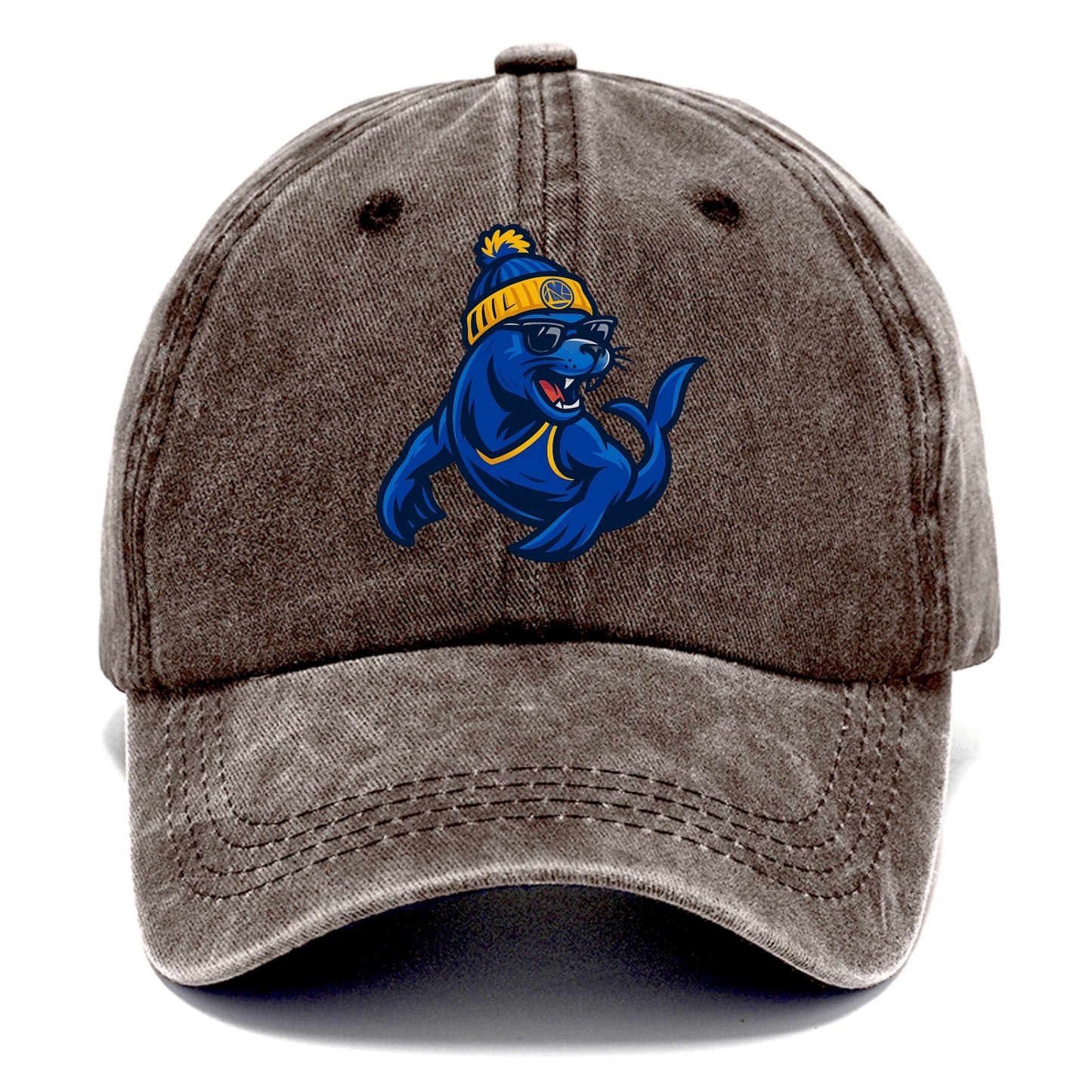 Bay Area Sea Lion wearing Warriors blue and gold beanie with Golden Gate and wayfarer - Classic Cap - Brown
