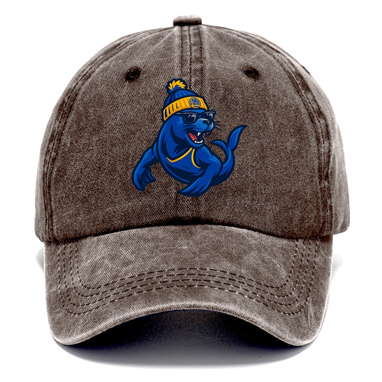 Bay Area Sea Lion wearing Warriors blue and gold beanie with Golden Gate and wayfarer - Classic Cap - Brown