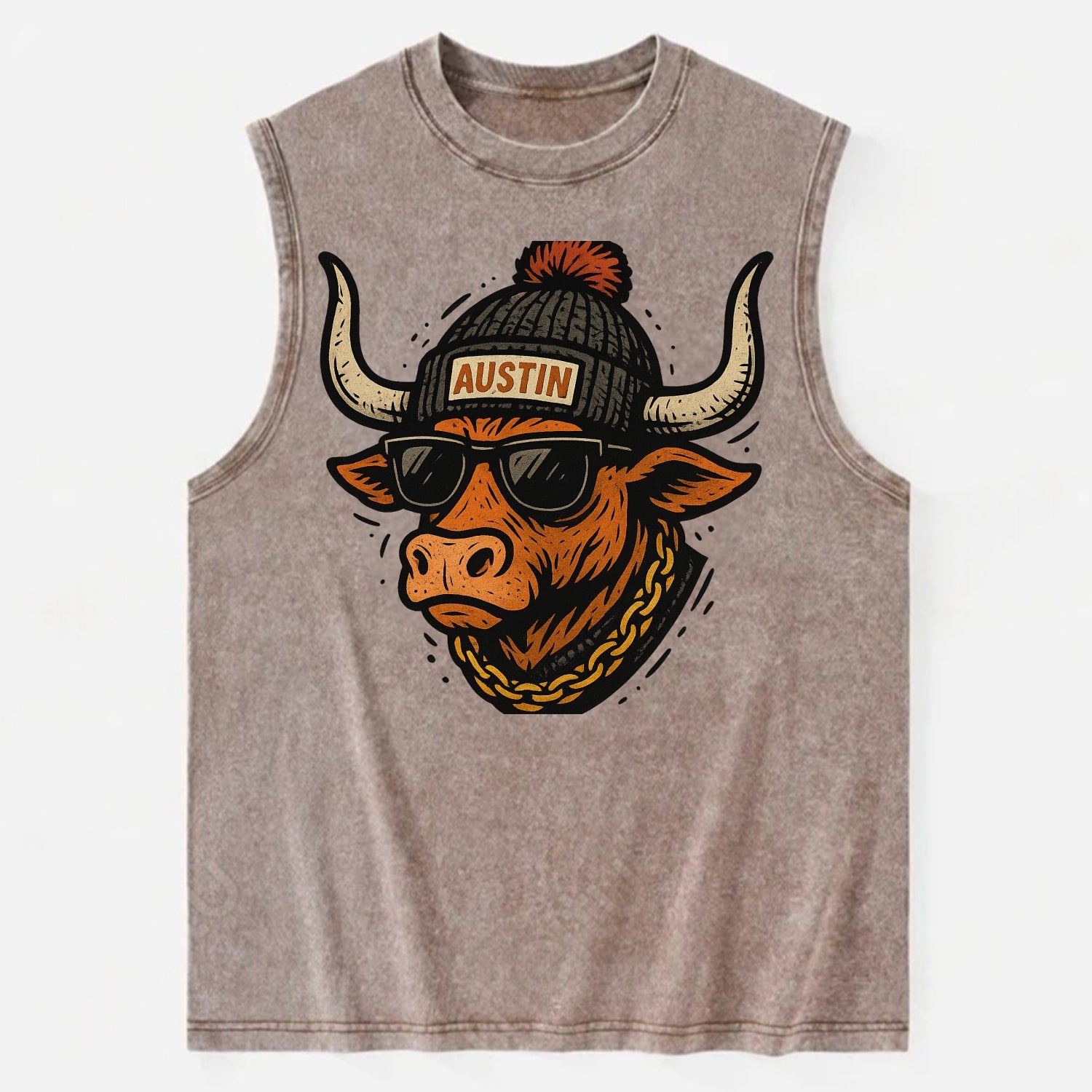 Texas Longhorn wearing Austin beanie with pom pom and wayfarer sunglasses - Vintage Washed Tank - Brown