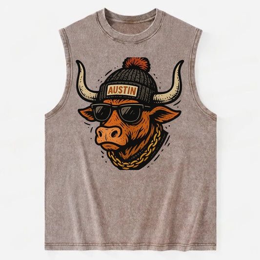 Texas Longhorn wearing Austin beanie with pom pom and wayfarer sunglasses - Vintage Washed Tank - Brown