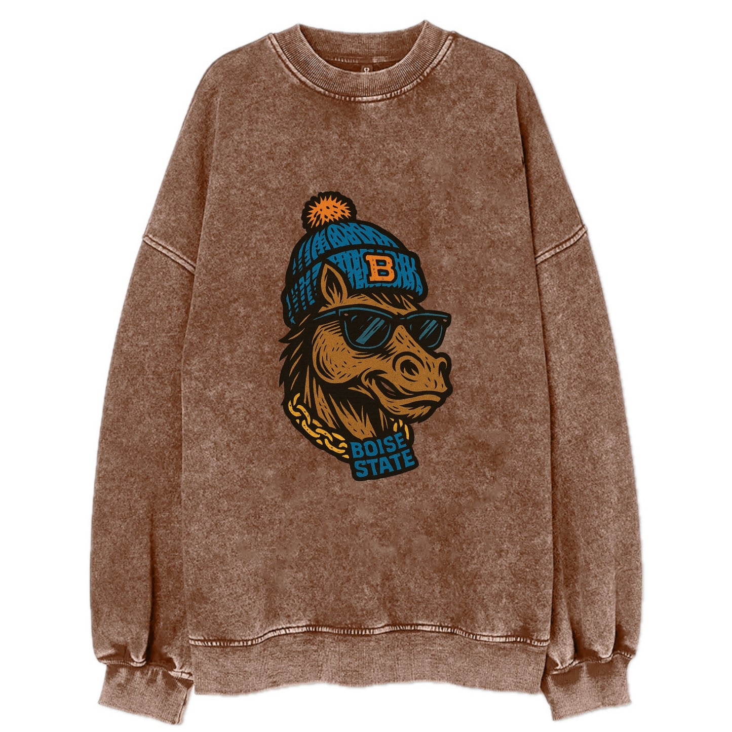 Boise Bronco wearing Boise State beanie with B patch - Vintage Sweatshirt - Brown