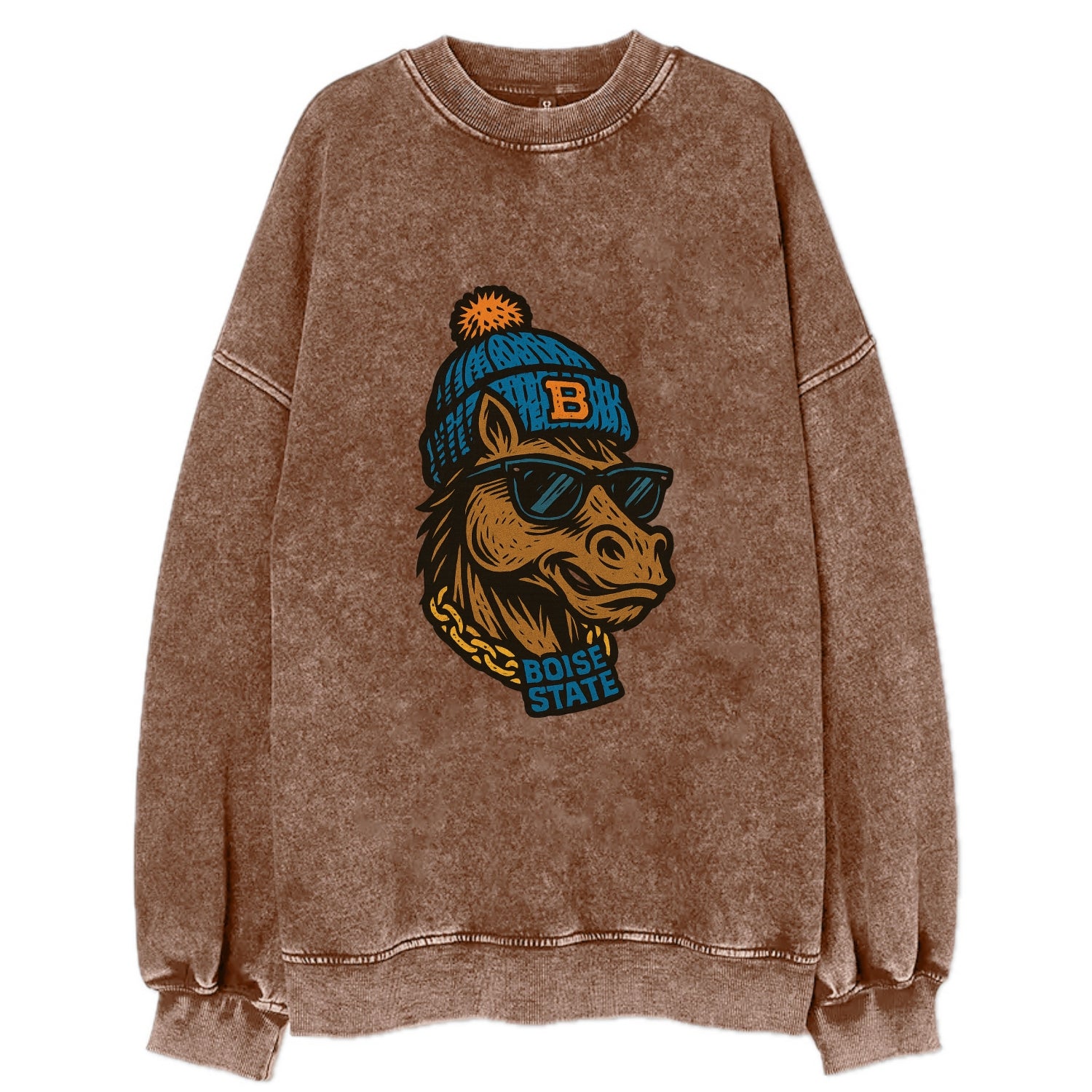 Boise Bronco wearing Boise State beanie with B patch - Vintage Sweatshirt - Brown