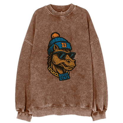 Boise Bronco wearing Boise State beanie with B patch - Vintage Sweatshirt - Brown