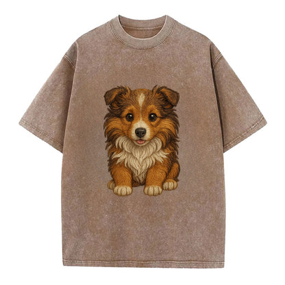Baby Shetland Sheepdog Puppy - mini collie look, flowing mane, intelligent eyes, - Vintage T-shirt - Brown