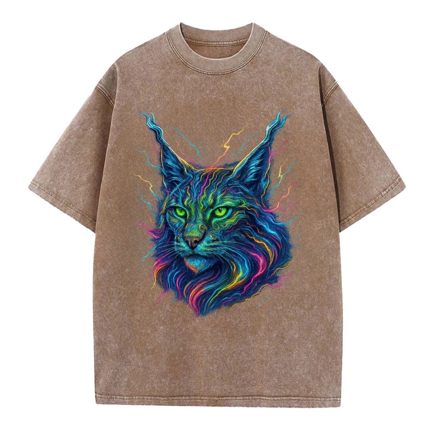 Wild lynx with ear tufts transforming into liquid mercury flows, silver and gold - Vintage T-shirt - Brown