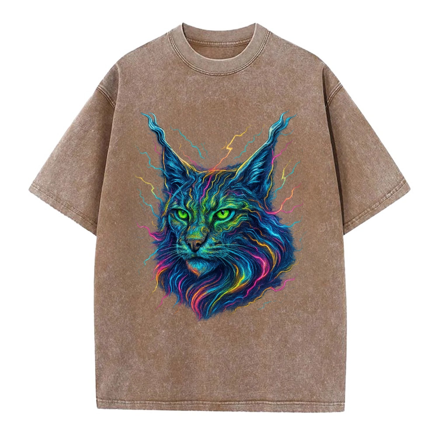 Wild lynx with ear tufts transforming into liquid mercury flows, silver and gold - Vintage T-shirt - Brown