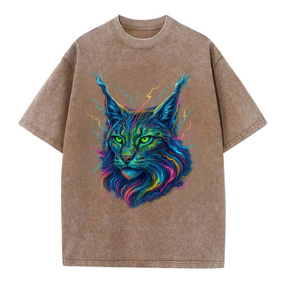 Wild lynx with ear tufts transforming into liquid mercury flows, silver and gold - Vintage T-shirt - Brown