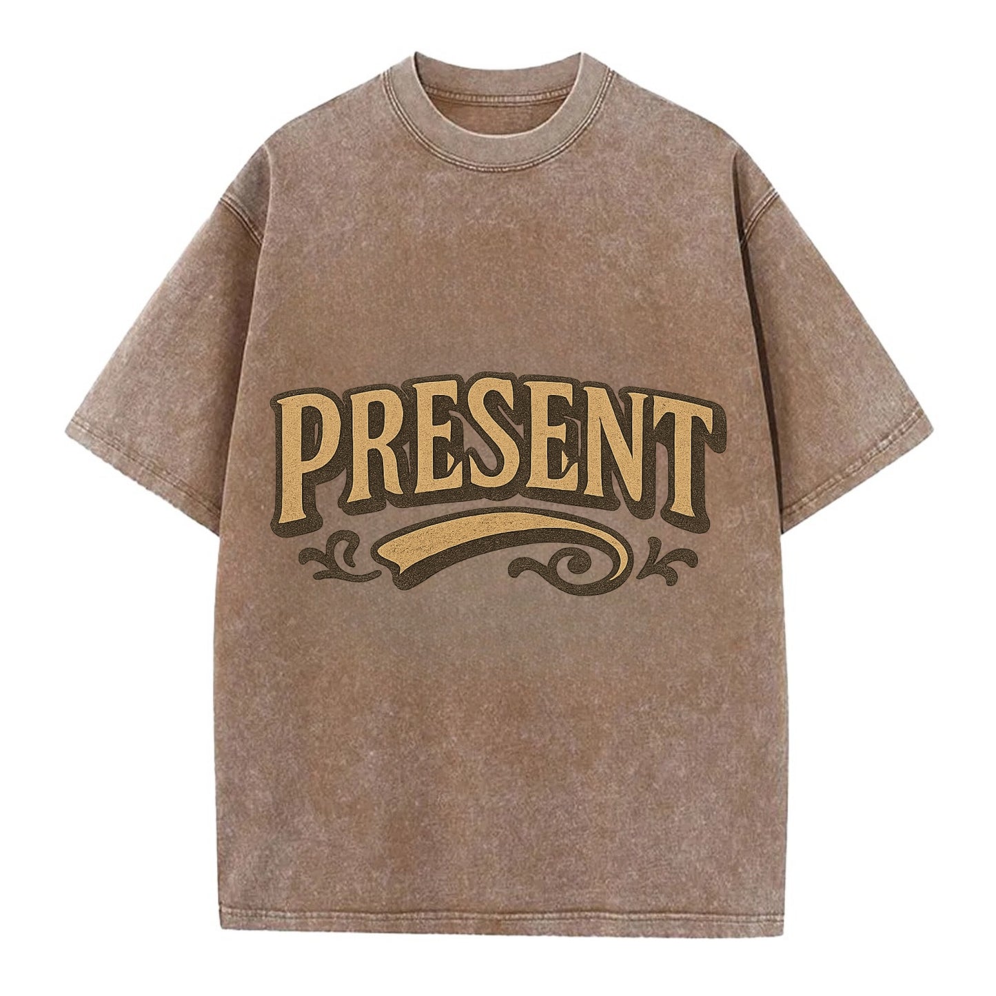 Bold typography design - "PRESENT" - living in the now - Vintage T-shirt - Brown