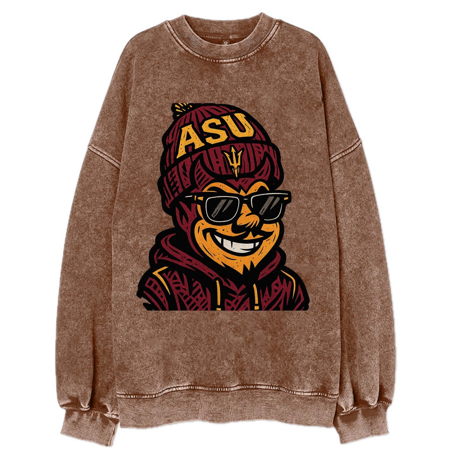 Tempe Sparky wearing Arizona State beanie with fork patch - Vintage Sweatshirt - Brown