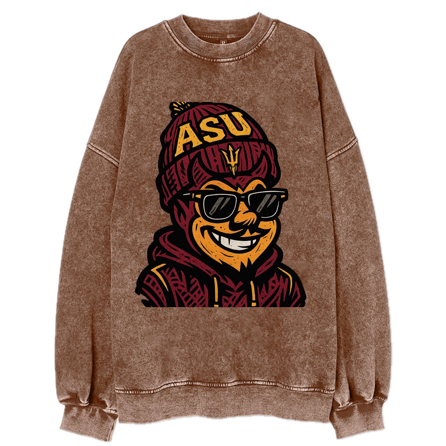 Tempe Sparky wearing Arizona State beanie with fork patch - Vintage Sweatshirt - Brown