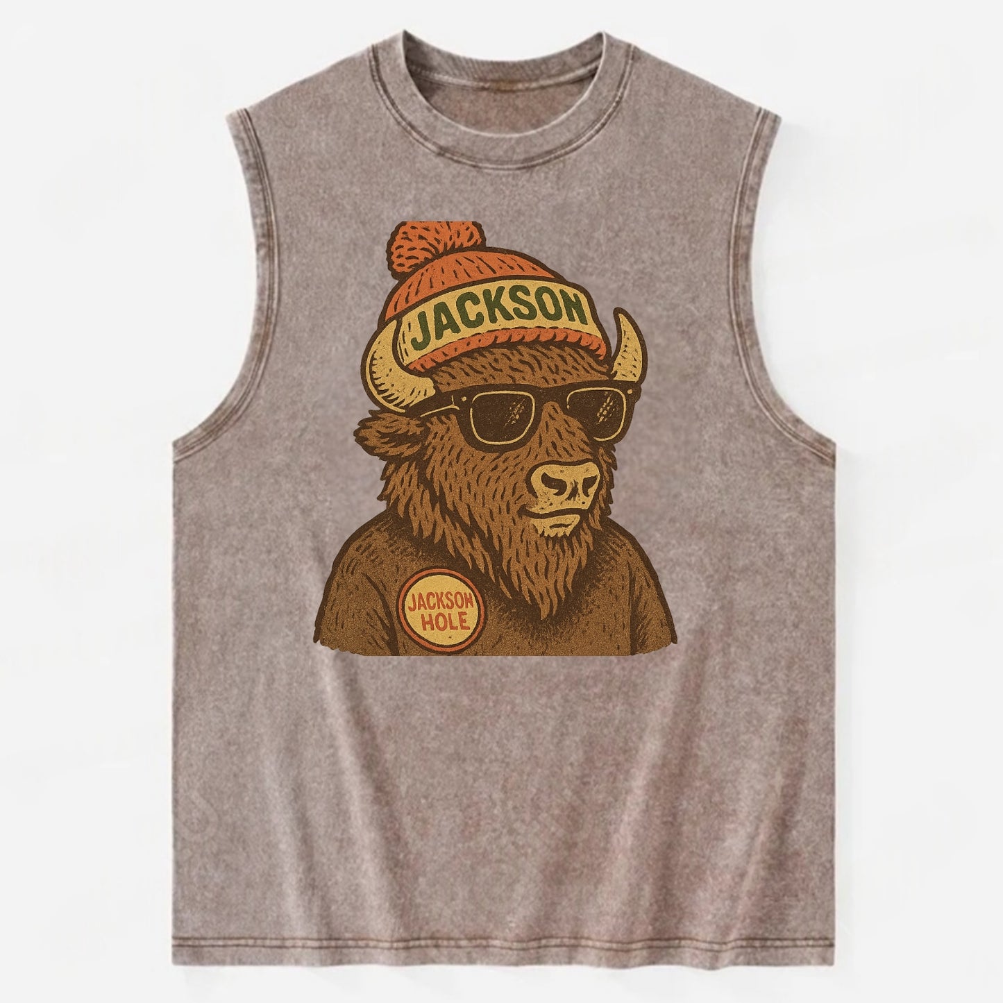 Jackson Hole Bison wearing Jackson beanie with pom pom and wayfarer sunglasses - Vintage Washed Tank - Brown