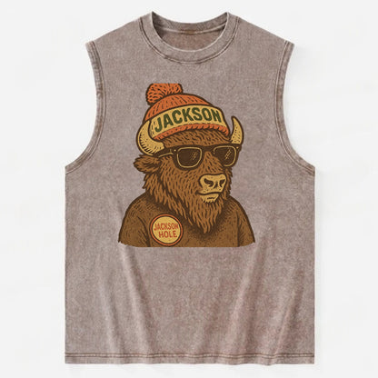 Jackson Hole Bison wearing Jackson beanie with pom pom and wayfarer sunglasses - Vintage Washed Tank - Brown