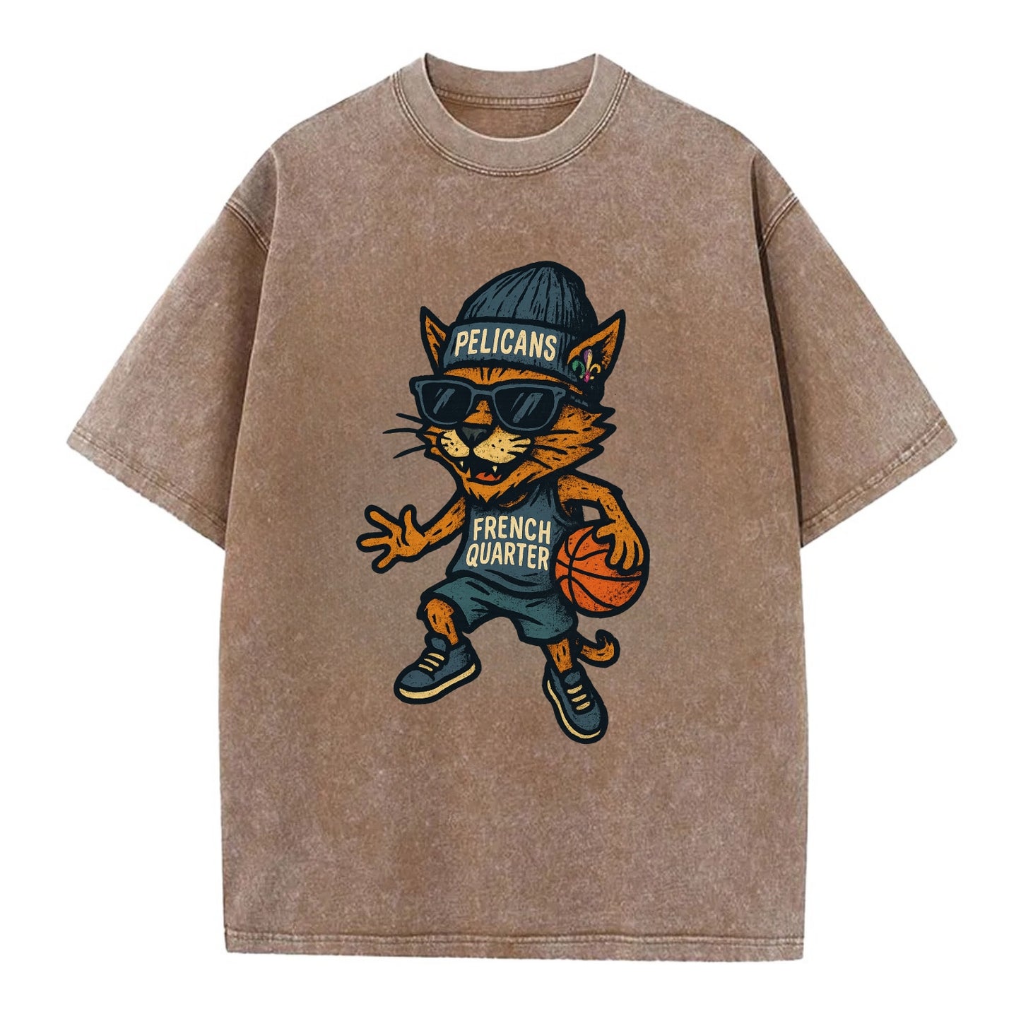 French Quarter Cat wearing Pelicans beanie with Mardi Gras patch and wayfarer - Vintage T-shirt - Brown