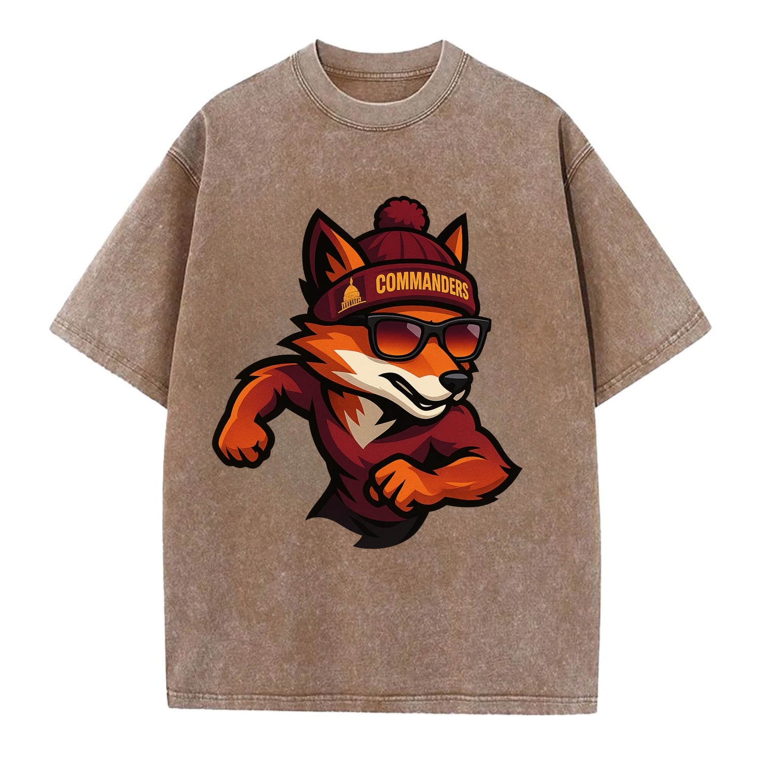 Washington Fox wearing Commanders beanie with Capitol patch and wayfarer - Vintage T-shirt - Brown