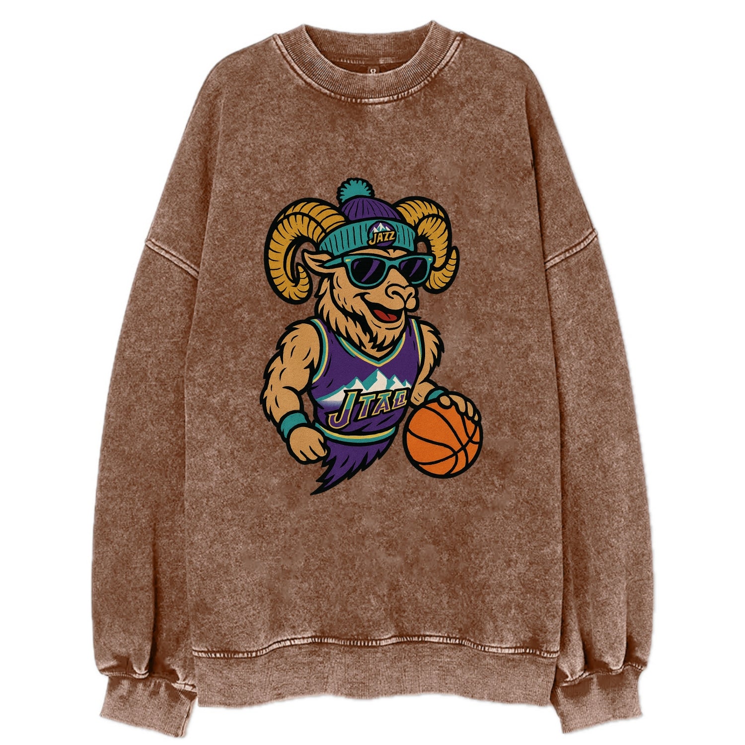 Utah Bighorn wearing Jazz beanie with mountain melody patch and wayfarer - Vintage Sweatshirt - Brown