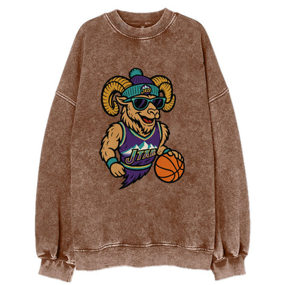 Utah Bighorn wearing Jazz beanie with mountain melody patch and wayfarer - Vintage Sweatshirt - Brown