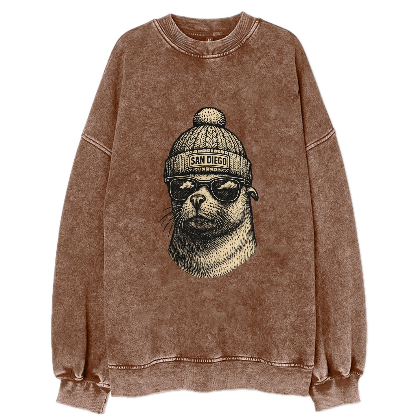 San Diego Sea Lion wearing San Diego beanie with pom pom and wayfarer - Vintage Sweatshirt - Brown