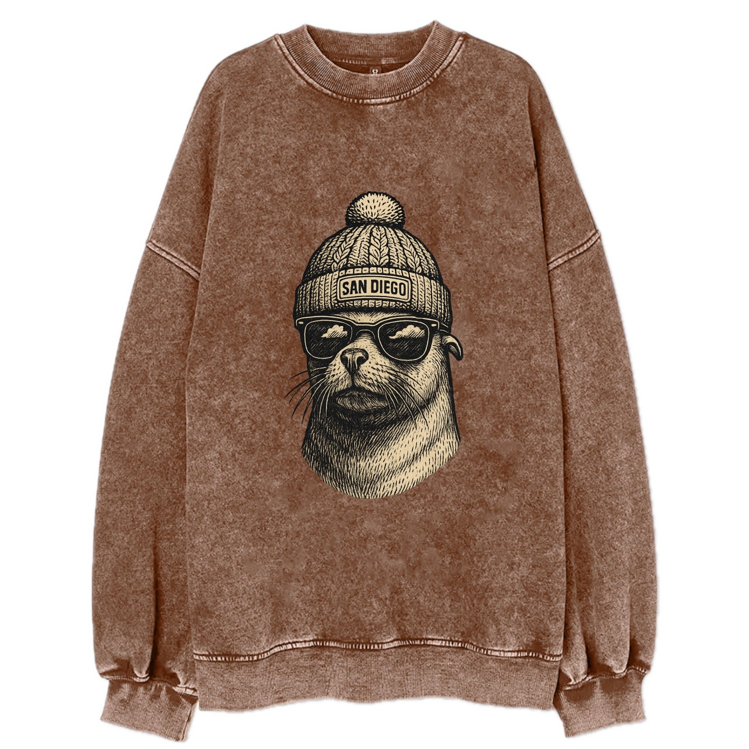San Diego Sea Lion wearing San Diego beanie with pom pom and wayfarer - Vintage Sweatshirt - Brown