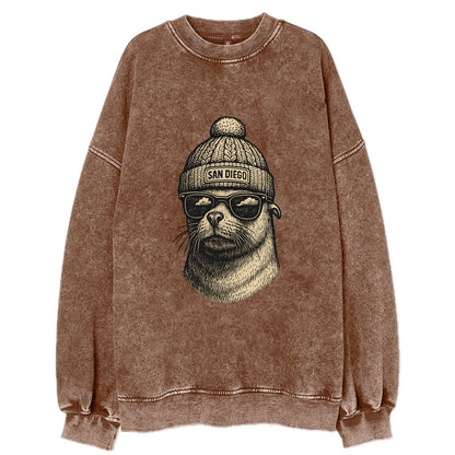 San Diego Sea Lion wearing San Diego beanie with pom pom and wayfarer - Vintage Sweatshirt - Brown