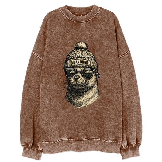 San Diego Sea Lion wearing San Diego beanie with pom pom and wayfarer - Vintage Sweatshirt - Brown
