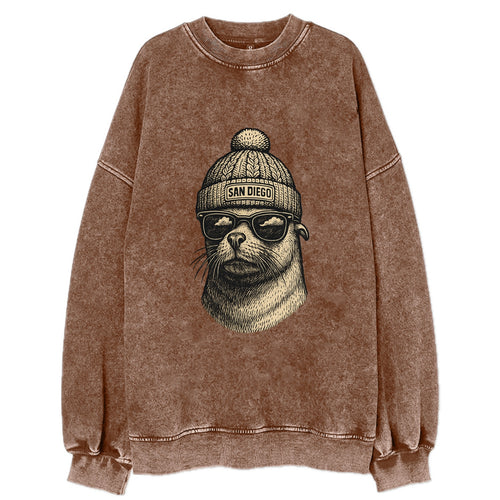 San Diego Sea Lion wearing San Diego beanie with pom pom and wayfarer - Vintage Sweatshirt