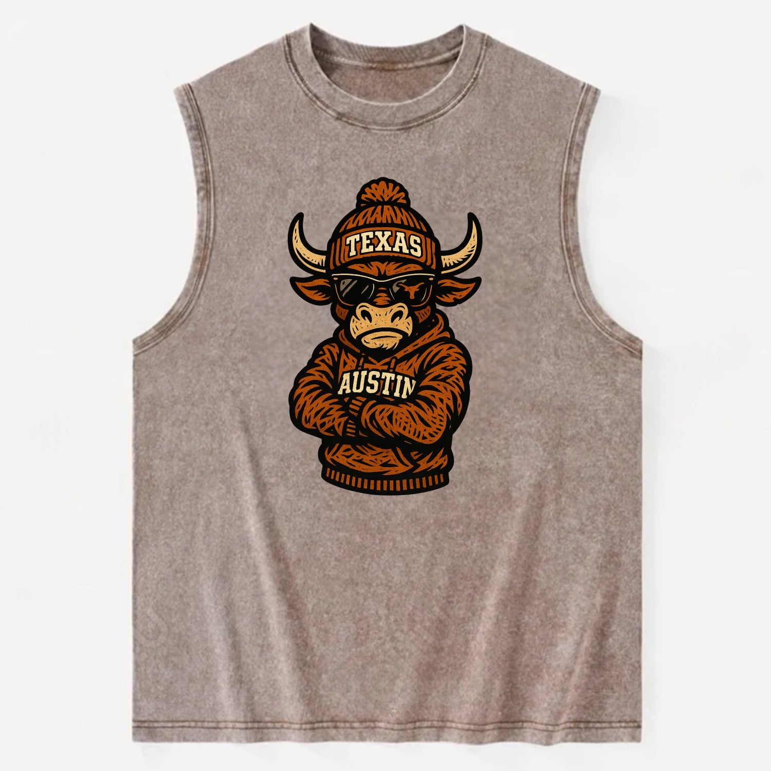 Austin Bevo wearing Texas beanie with longhorn patch - Vintage Washed Tank - Brown
