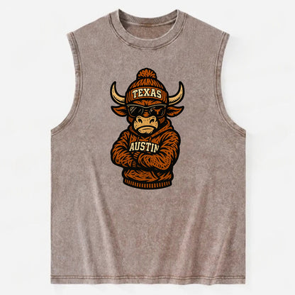 Austin Bevo wearing Texas beanie with longhorn patch - Vintage Washed Tank - Brown
