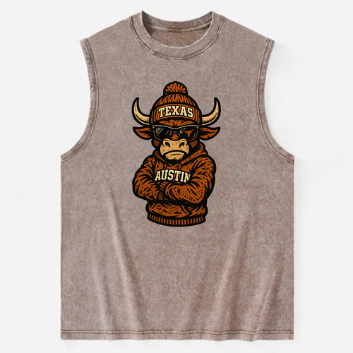 Austin Bevo wearing Texas beanie with longhorn patch - Vintage Washed Tank