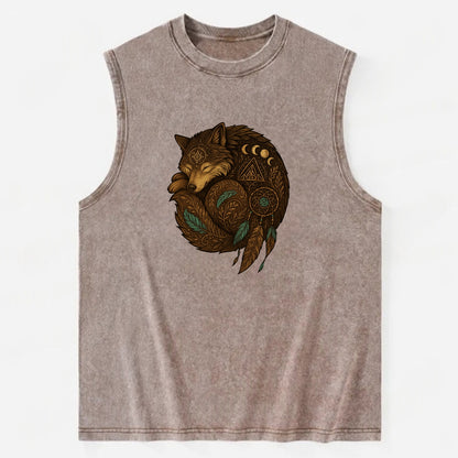 Sleeping Wolf Peace  - Vintage Washed Tank - Brown