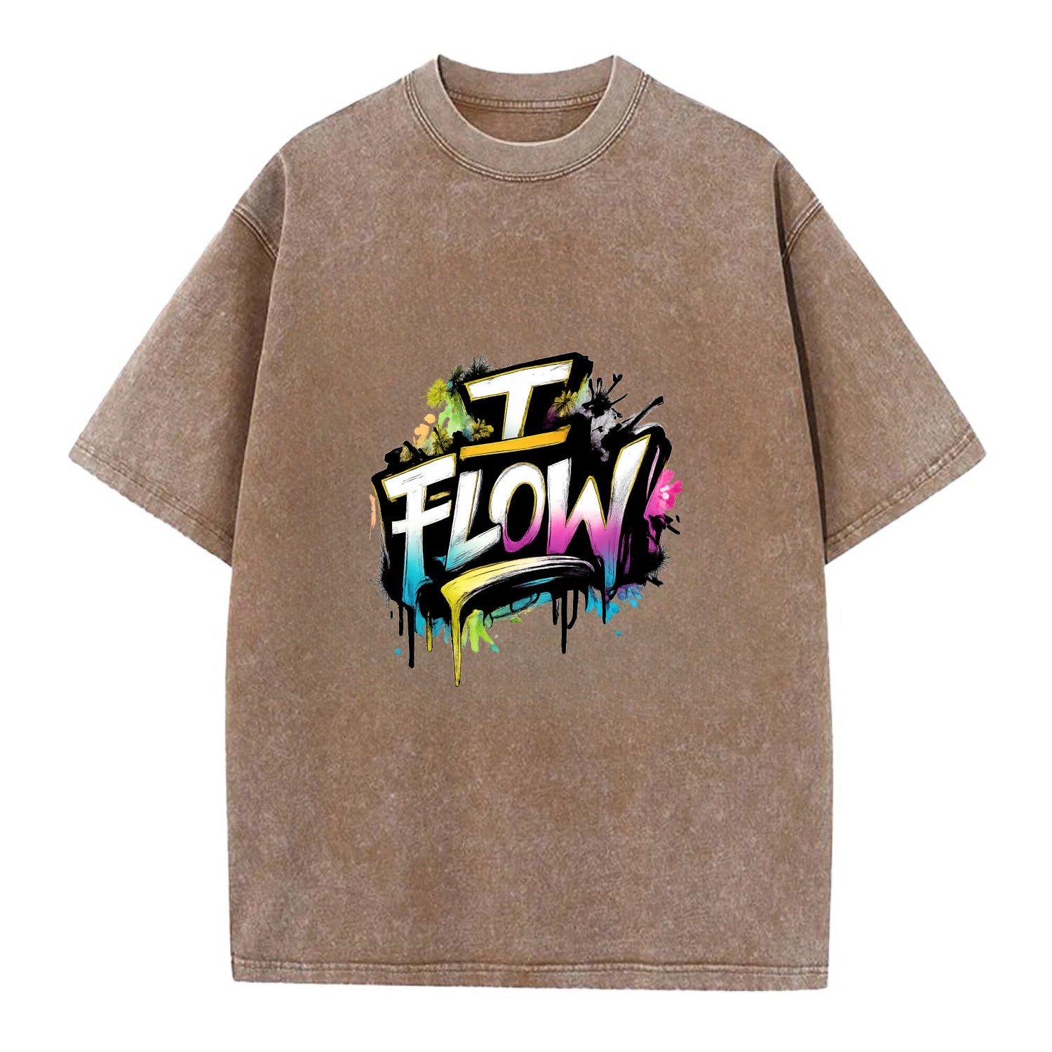 Bold typography design - "I FLOW" - going with life, easy movement - Vintage T-shirt - Brown