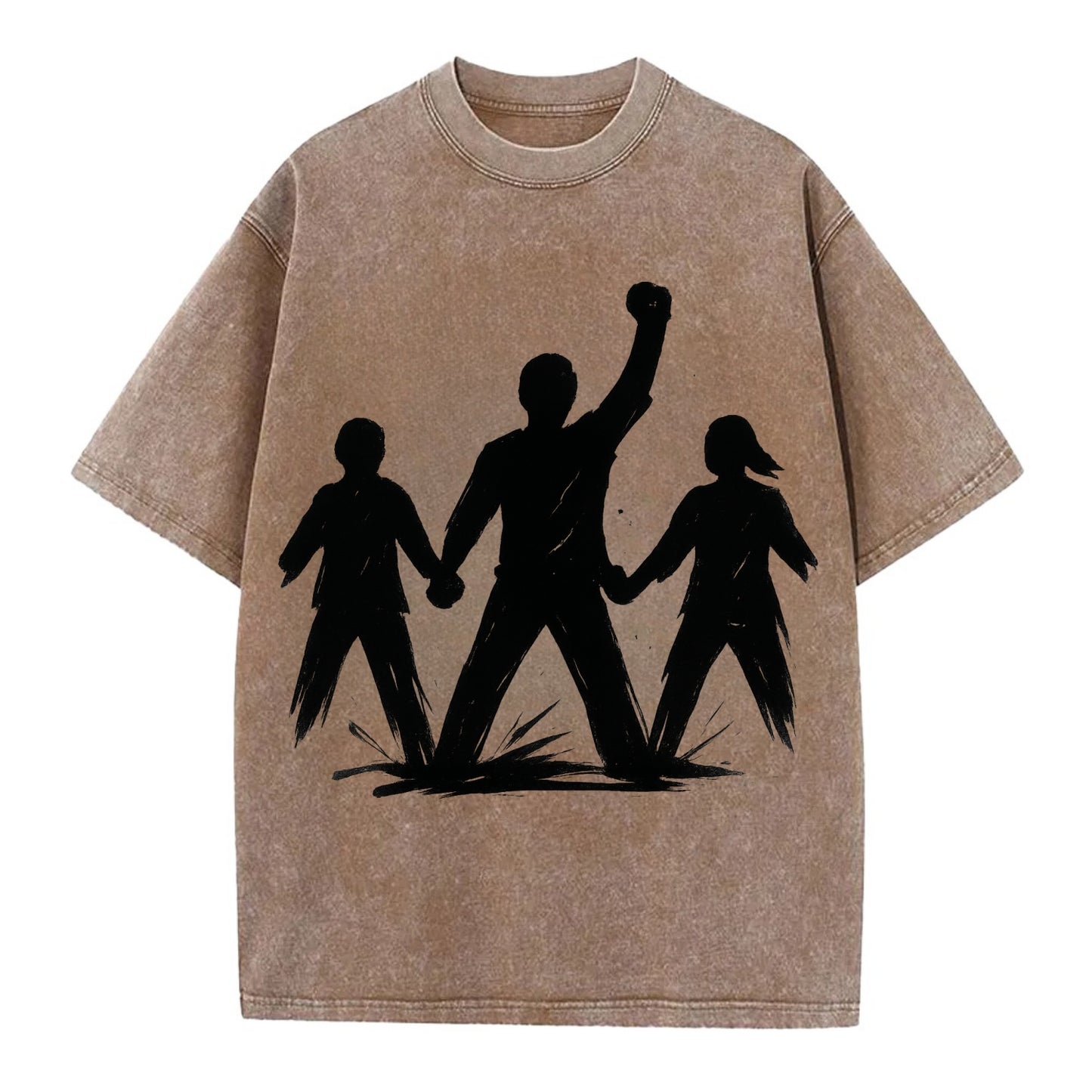 Human chain formation - unity and protection ink brushwork - Vintage T-shirt - Brown
