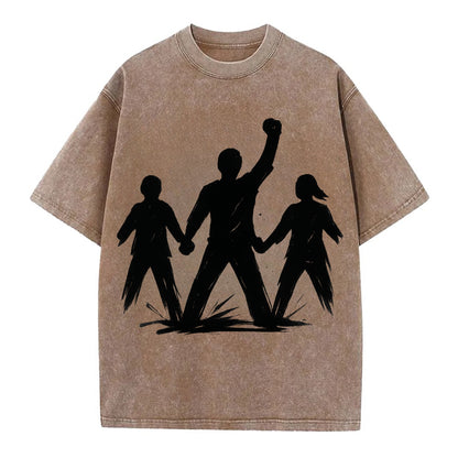 Human chain formation - unity and protection ink brushwork - Vintage T-shirt - Brown