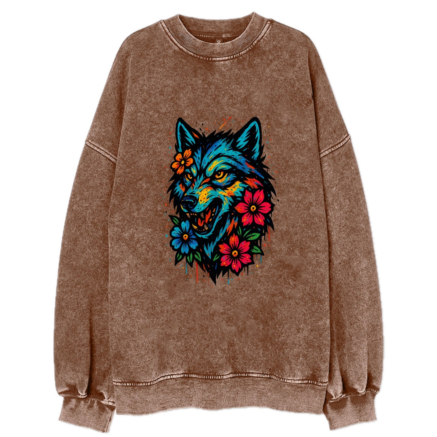 Floral Wolf Garden  - Vintage Sweatshirt - Brown