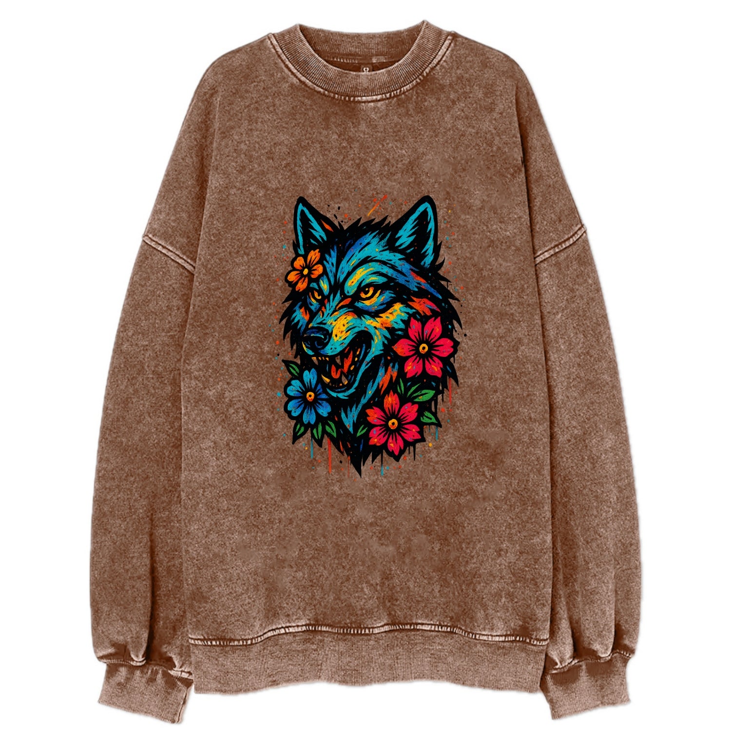 Floral Wolf Garden  - Vintage Sweatshirt - Brown