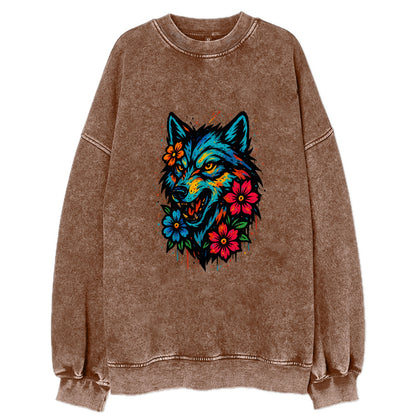 Floral Wolf Garden  - Vintage Sweatshirt - Brown