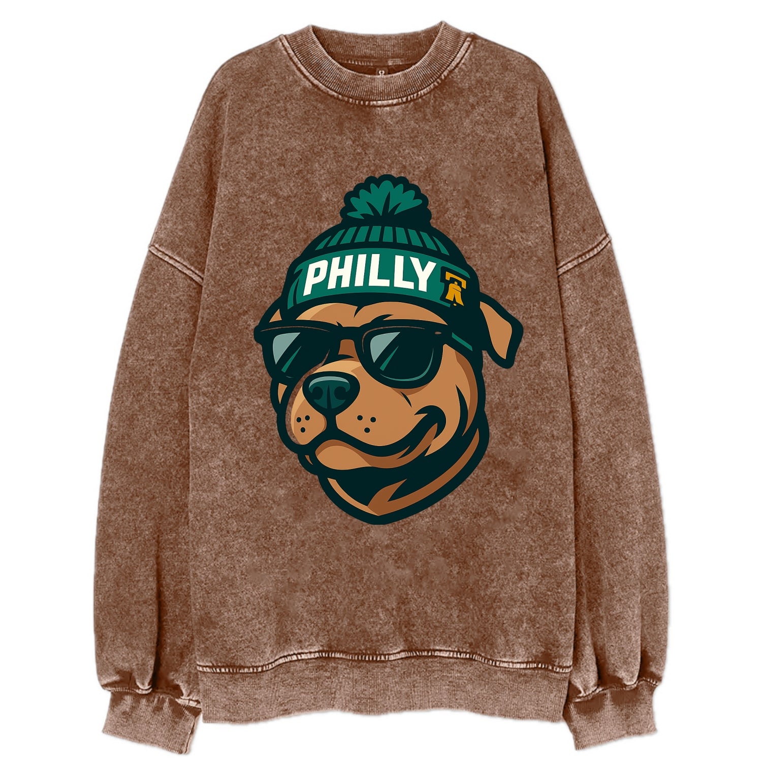 Philly Pitbull wearing Eagles beanie with Liberty Bell patch and wayfarer - Vintage Sweatshirt - Brown