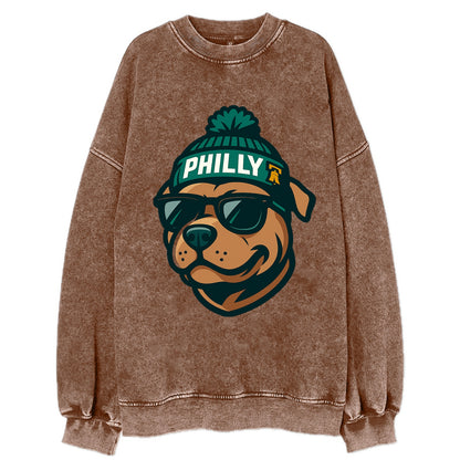 Philly Pitbull wearing Eagles beanie with Liberty Bell patch and wayfarer - Vintage Sweatshirt - Brown