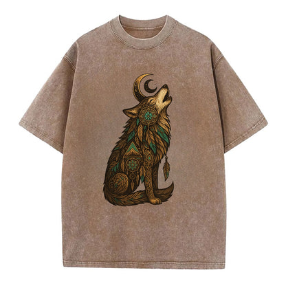Celestial Moon Wolf  - Vintage T-shirt - Brown