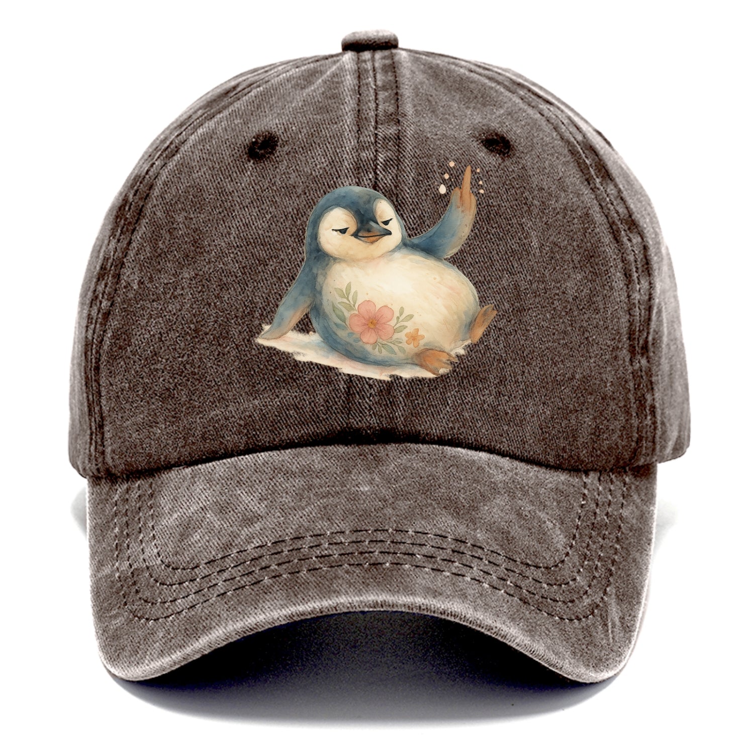 chubby penguin sliding on belly, one flipper up giving attitude - Classic Cap - Brown