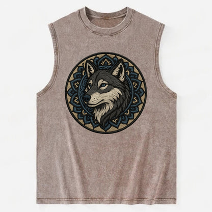 Mandala Wolf Pattern  - Vintage Washed Tank - Brown