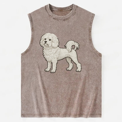 Löwchen - Little Lion Dog white embroidered pose - Vintage Washed Tank - Brown