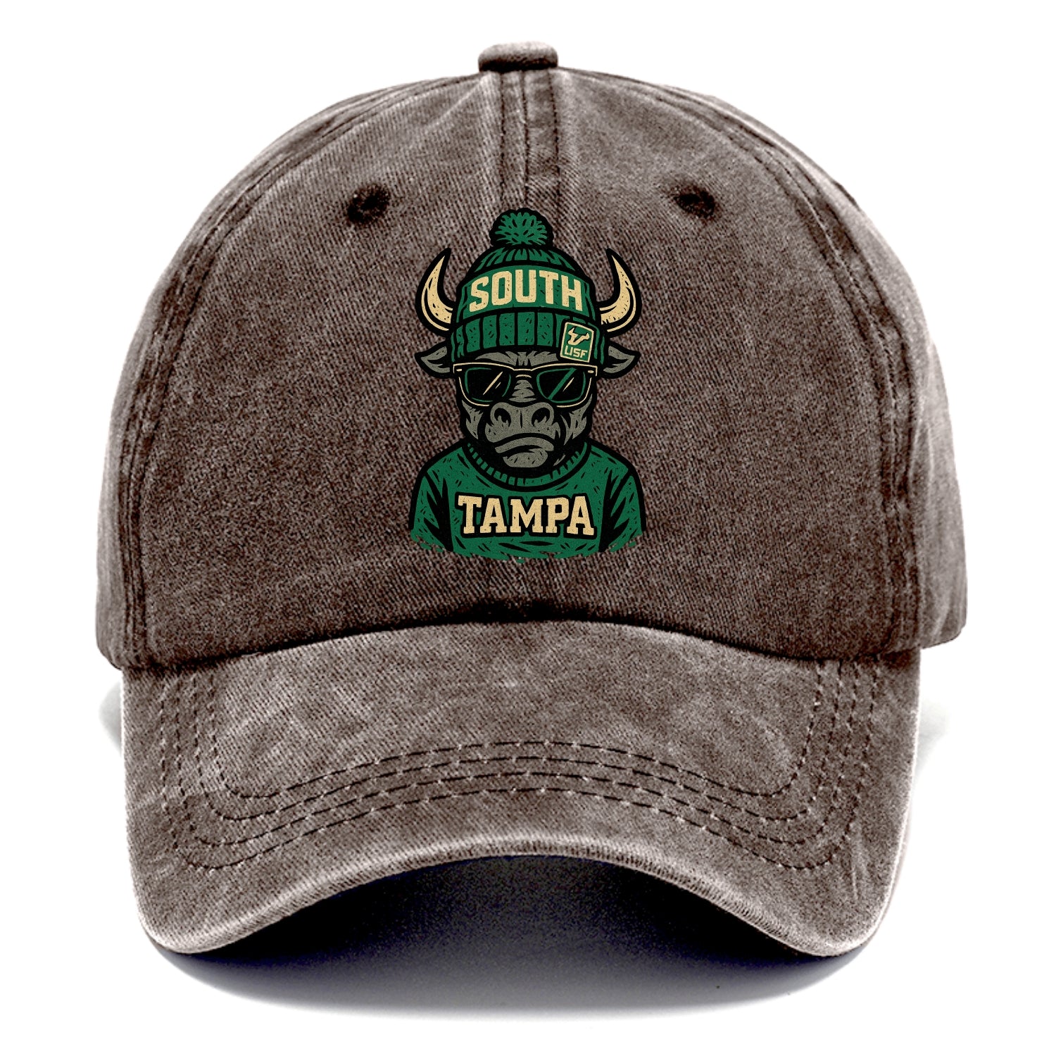 Tampa Bull wearing South Florida beanie with USF patch - Classic Cap - Brown