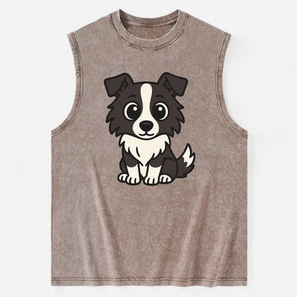 Border Collie - Intense stare sitting pose - Vintage Washed Tank - Brown