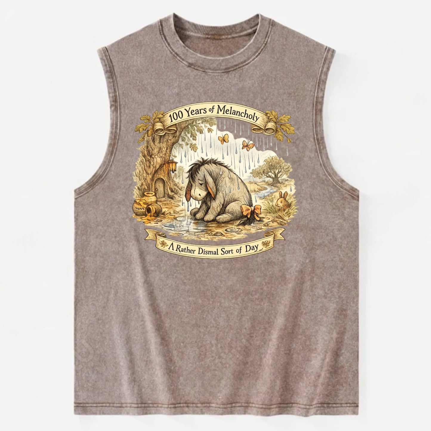 GLOOMY GLEN | Droopy figure in rain | Tattered tail bow | Pessimistic poetry - Vintage Washed Tank - Brown