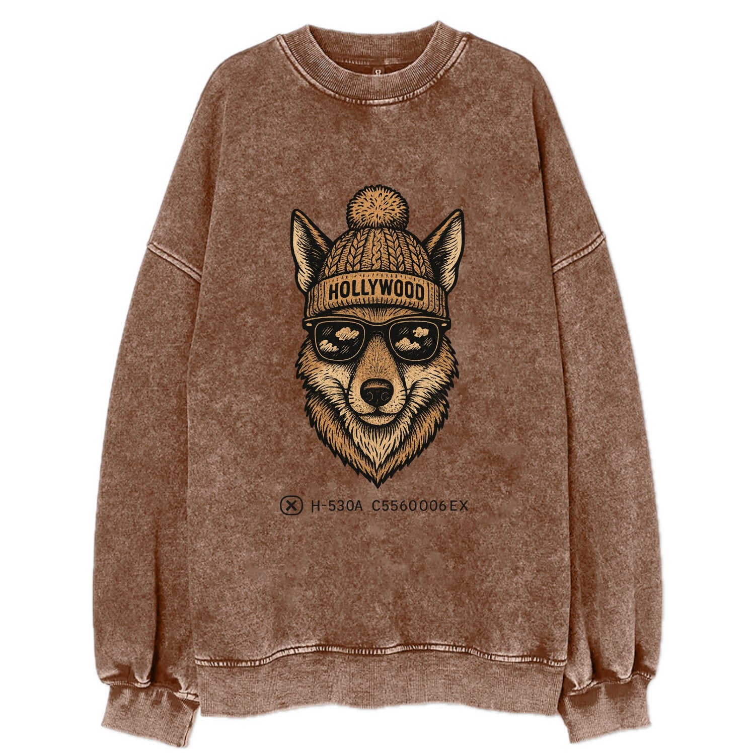 LA Coyote wearing Hollywood beanie with pom pom and wayfarer sunglasses - Vintage Sweatshirt - Brown