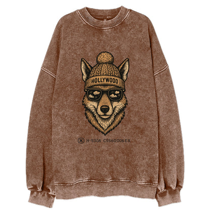 LA Coyote wearing Hollywood beanie with pom pom and wayfarer sunglasses - Vintage Sweatshirt - Brown